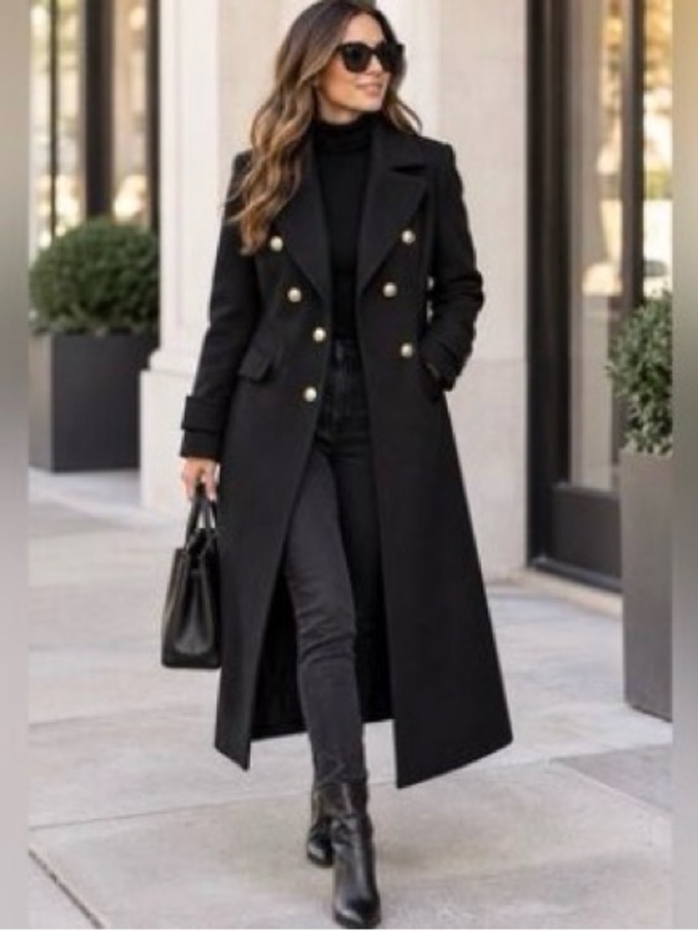 Express Black Double-Breasted Trench Coat with Gold Buttons